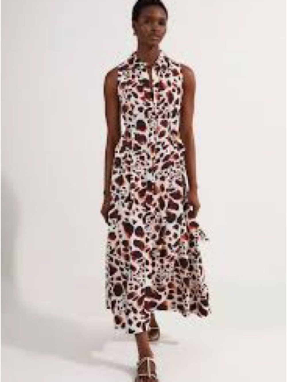 Reitmans White Sleeveless Maxi Dress with Brown and Pink Spot Print